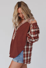 Load image into Gallery viewer, Red Floral Plaid Mixed Print Bishop Sleeve Patchwork Top
