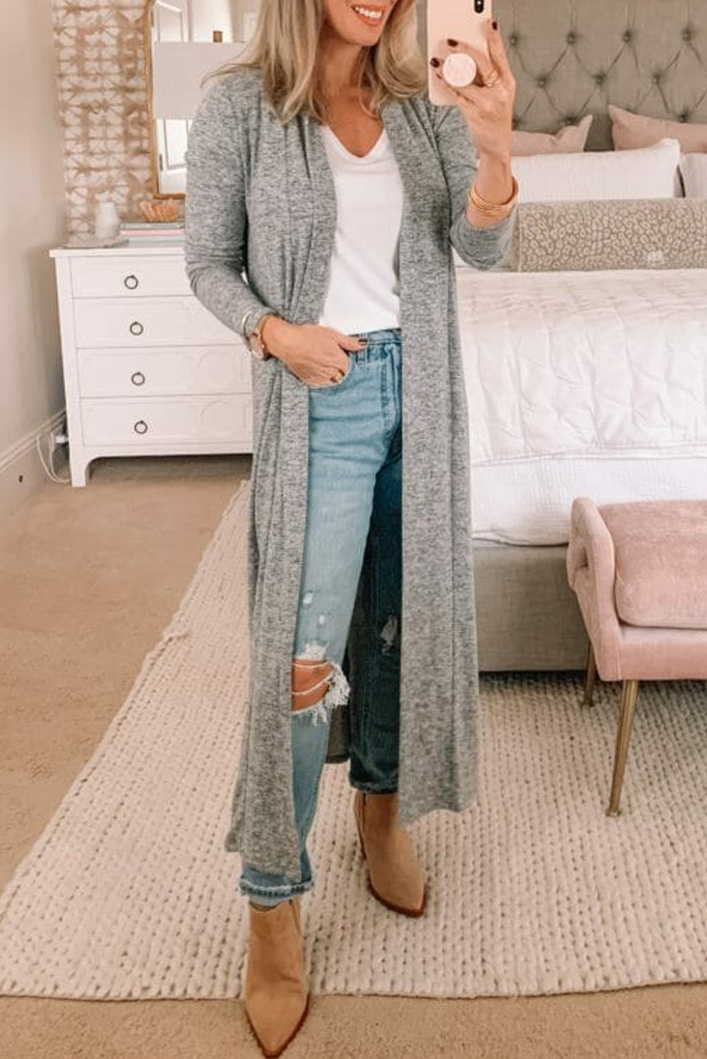 Gray Tie Back Long Open Front Cardigan