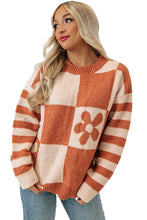 Load image into Gallery viewer, Checkered Floral Print Striped Sleeve Sweater
