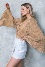 Load image into Gallery viewer, Camel Pleated Bell Sleeve Twist V Neck Cropped Blouse
