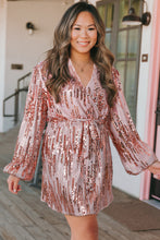 Load image into Gallery viewer, Pink Sequin Bubble Sleeves Short Wrap Dress
