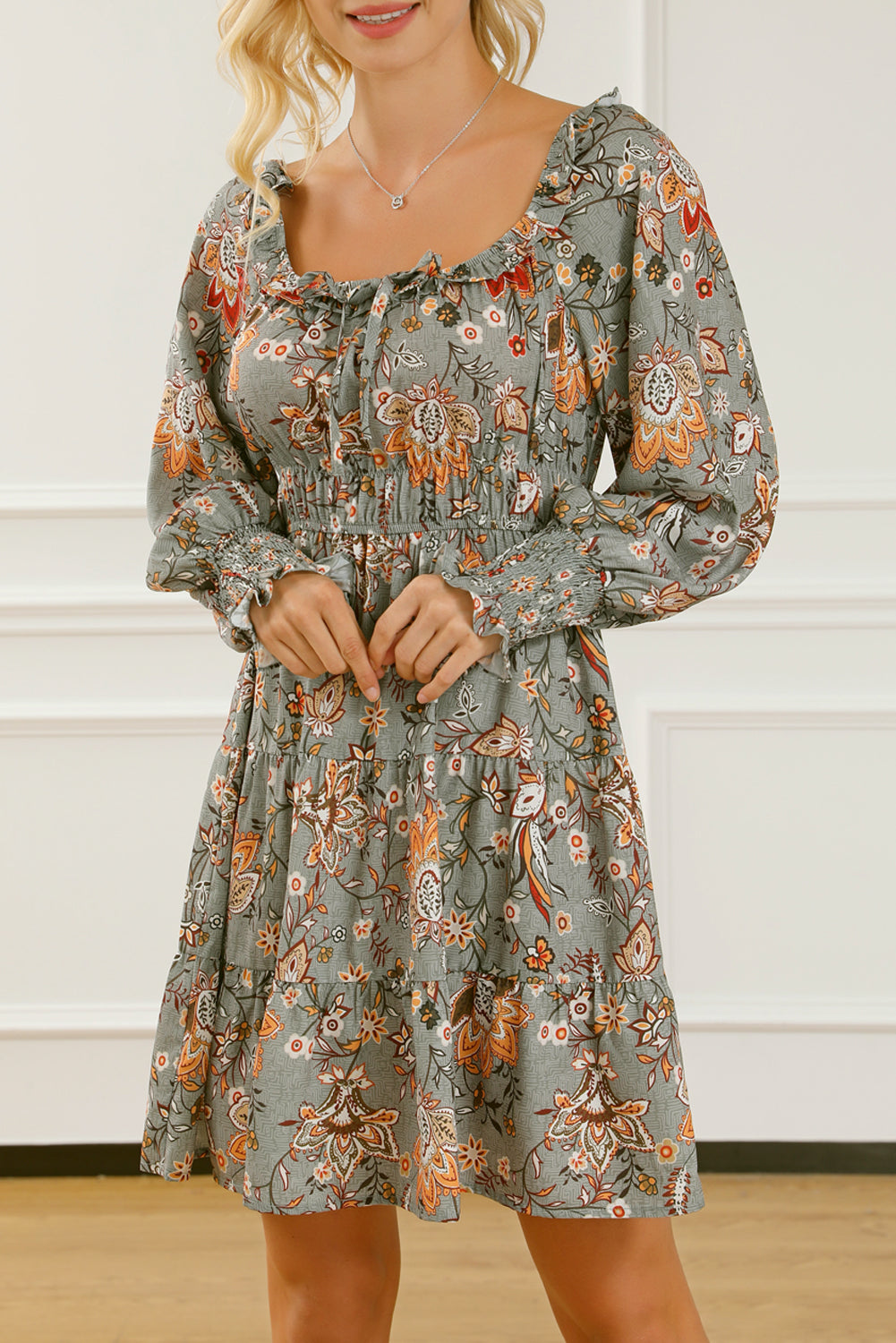 Multicolour Floral Long Sleeve Frilled U-Neck Ruffled Dress