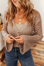 Load image into Gallery viewer, Smoke Gray Pointelle Knit V Neck Button Up Crop Cardigan
