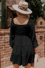 Load image into Gallery viewer, Black Bishop Sleeve Smocked Tiered Mini Dress
