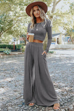Load image into Gallery viewer, Gray Solid Color Ribbed Crop Top Long Pants Set

