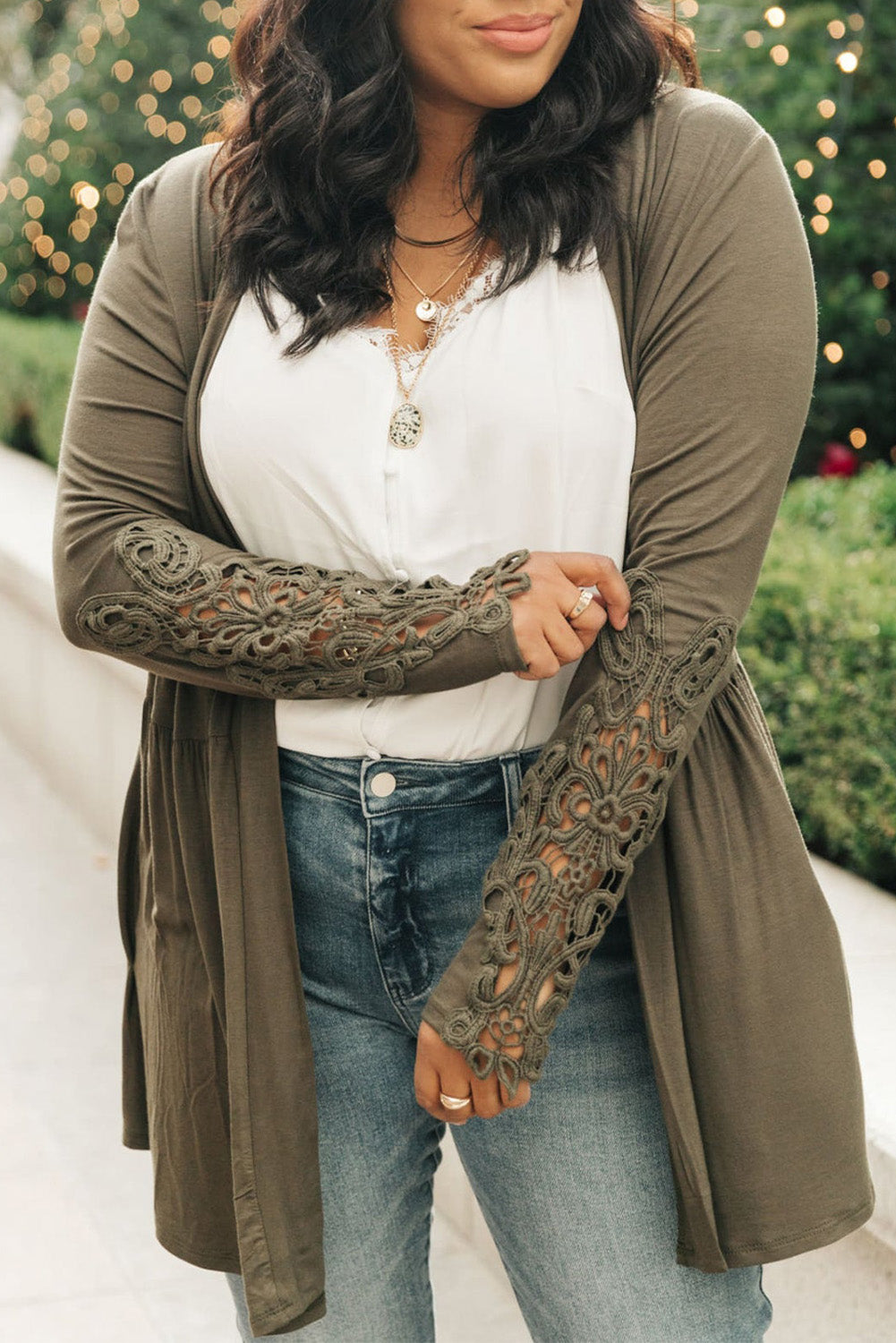 Green Crochet Lace Sleeve Cardigan