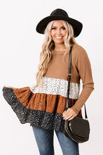 Load image into Gallery viewer, Brown Ribbed Long Sleeve Dotted Tiered Ruffled Flowy Top
