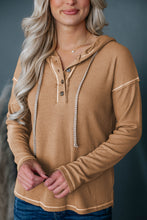 Load image into Gallery viewer, Khaki Seamed Drop Shoulder Waffle Knit Henley Hooded Top
