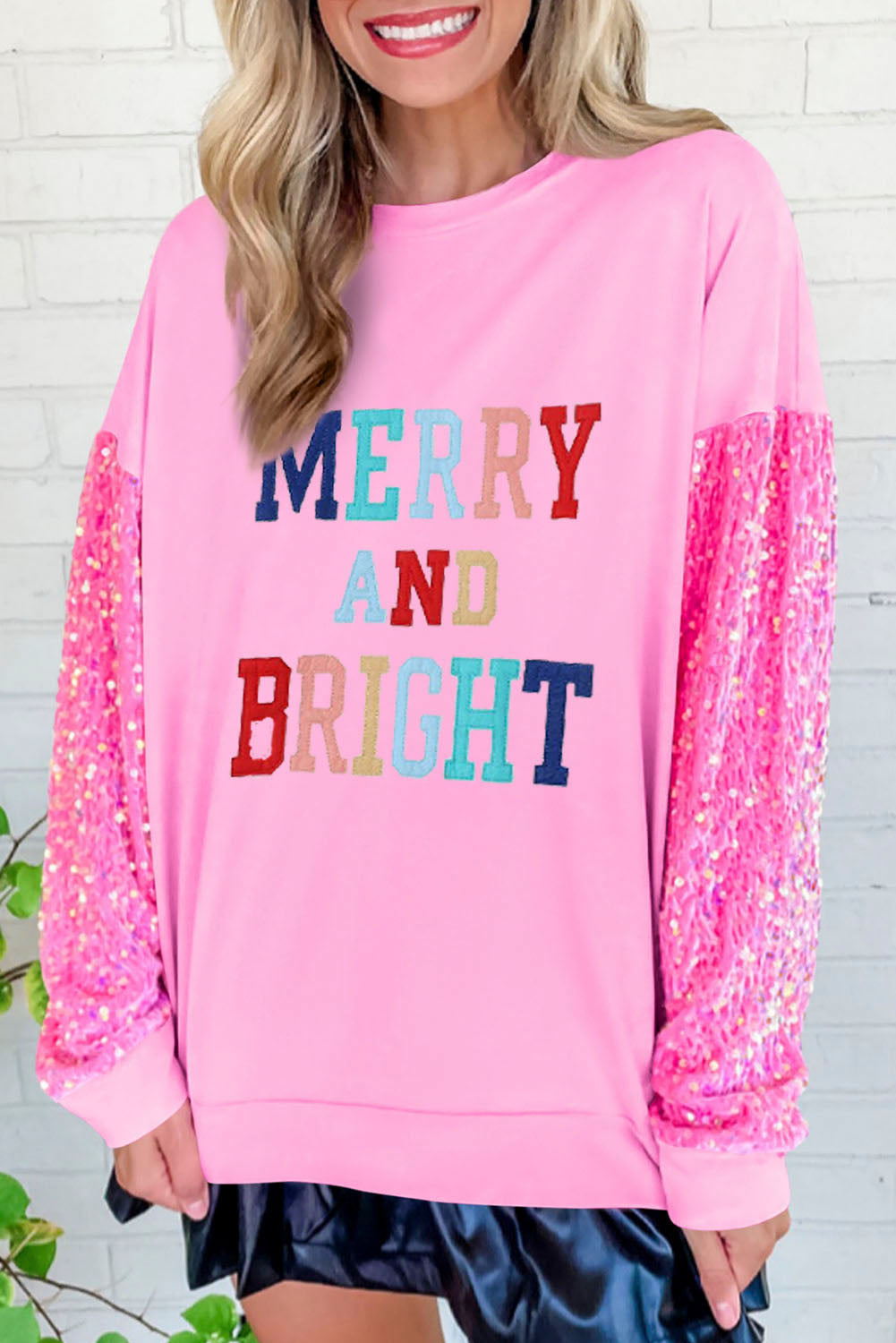 Pink MERRY AND BRIGHT Sequin Sleeve Sweatshirt