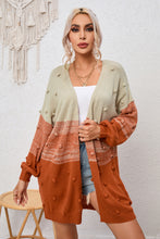 Load image into Gallery viewer, Brown Pompom Color Block Open Front Cardigan
