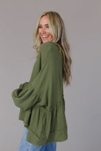 Load image into Gallery viewer, Green Henley Button Drop Shoulder Loose Sleeve Raw Edge Top
