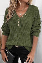 Load image into Gallery viewer, Pickle Green Pointelle Knit Button V Neck Drop Shoulder Sweater
