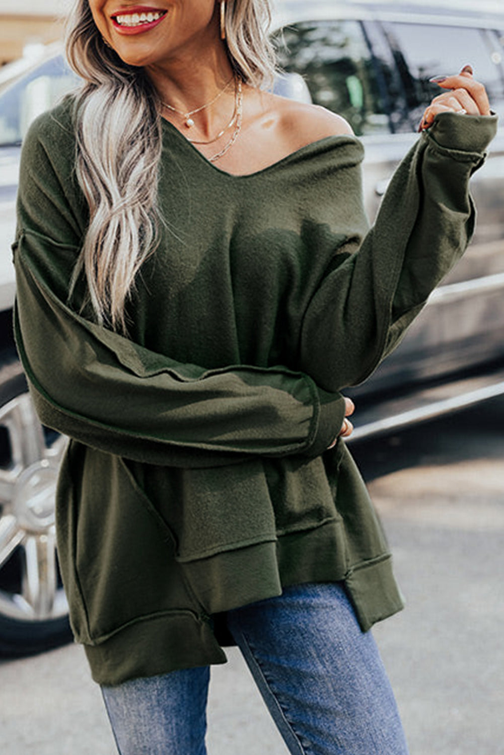 Green Expose Seam Detail Split Neck Long Sleeve Top