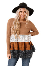 Load image into Gallery viewer, Brown Ribbed Long Sleeve Dotted Tiered Ruffled Flowy Top

