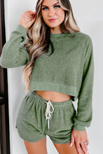 Load image into Gallery viewer, Green Fleece Two-piece Cropped Pullover and Shorts Set
