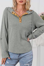 Load image into Gallery viewer, Gray Quarter Buttoned Drawstring Pullover Hoodie
