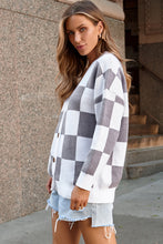 Load image into Gallery viewer, Gray Contrast Checkered Print Button Up Sweater Cardigan
