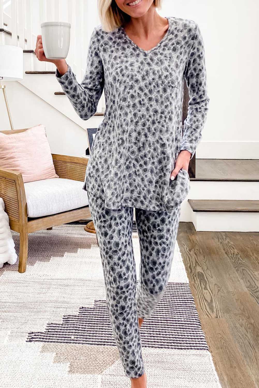 Leopard Animal Print V Neck Pullover and Pants Lounge Set