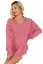 Load image into Gallery viewer, Pink Distressed Fringed Detail V Neck Baggy Sweater
