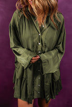 Load image into Gallery viewer, Pickle Green Loose Pocketed Ruffled Hem Draped Shirt Dress
