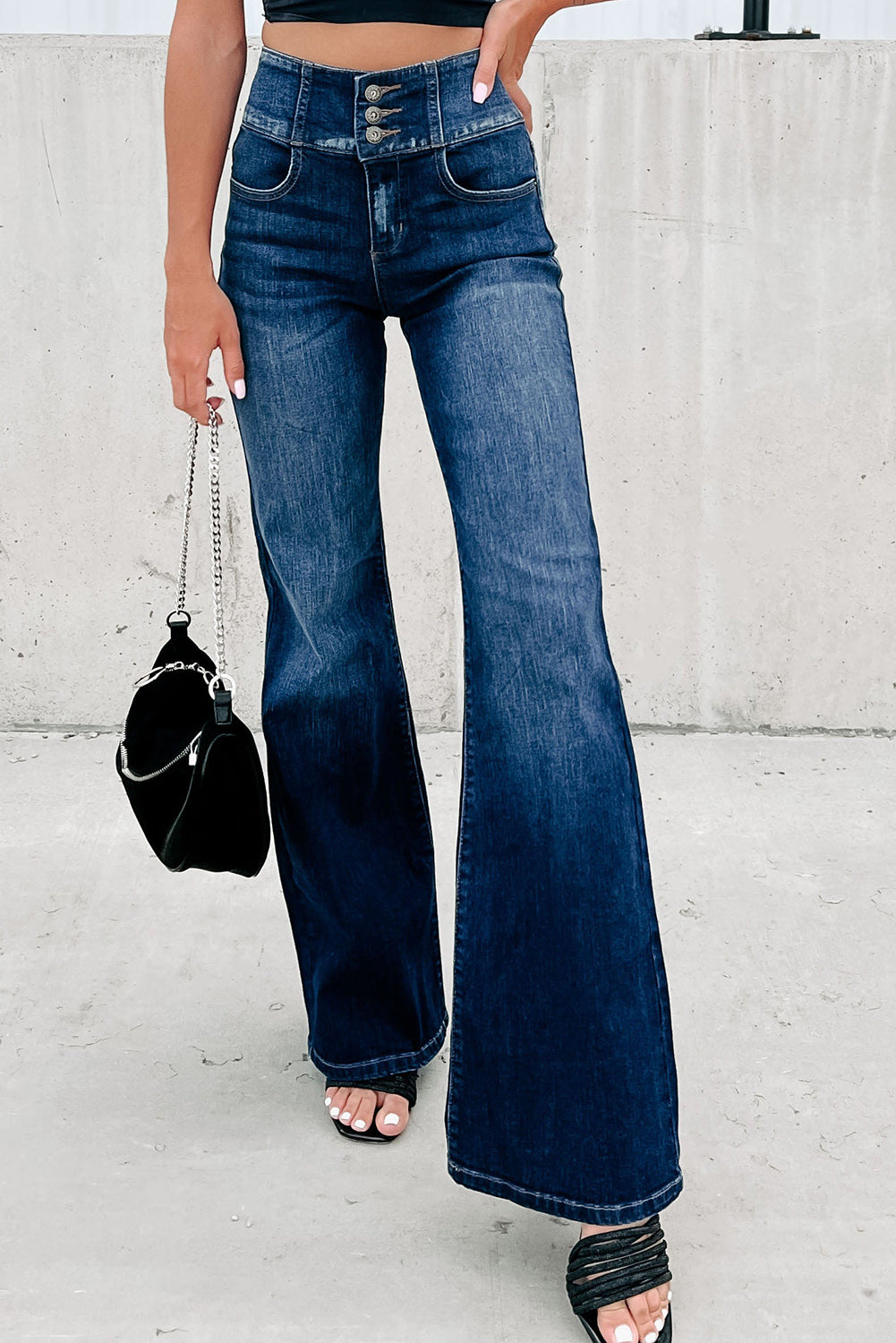 Buttons Elastic Wide Waistband Back Flare Jeans