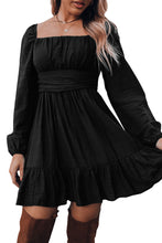 Load image into Gallery viewer, Black Ruched Square Neck Puff Sleeve Mini Dress

