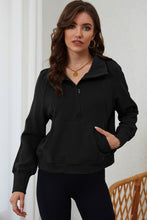 Load image into Gallery viewer, Black Zip Up Stand Collar Ribbed Thumbhole Sleeve Sweatshirt
