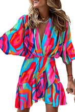Load image into Gallery viewer, Multicolor Abstract/Zebra Printed V Neck Dolman Sleeve Ruffle Wrap Dress
