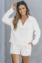 Load image into Gallery viewer, White Ribbed Zipper Sweatshirt and High Waist Shorts Set
