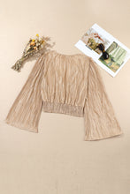 Load image into Gallery viewer, Camel Pleated Bell Sleeve Twist V Neck Cropped Blouse
