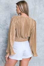 Load image into Gallery viewer, Camel Pleated Bell Sleeve Twist V Neck Cropped Blouse
