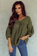 Load image into Gallery viewer, Green Textured V Neck Bracelet Sleeve Babydoll Blouse
