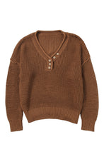 Load image into Gallery viewer, Coffee Pointelle Knit Button V Neck Drop Shoulder Sweater
