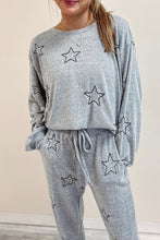 Load image into Gallery viewer, Gray Stars Print Long Sleeve Drawstring High Waist Lounge Set
