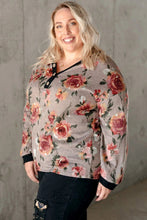 Load image into Gallery viewer, Gray Floral Long Sleeve Plus Size Henley Top
