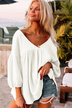 Load image into Gallery viewer, White Textured V Neck Bracelet Sleeve Babydoll Blouse
