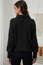 Load image into Gallery viewer, Black Zip Up Stand Collar Ribbed Thumbhole Sleeve Sweatshirt
