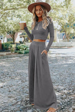 Load image into Gallery viewer, Gray Solid Color Ribbed Crop Top Long Pants Set

