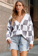 Load image into Gallery viewer, Gray Contrast Checkered Print Button Up Sweater Cardigan
