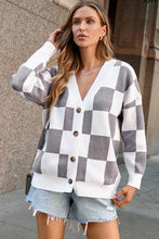 Load image into Gallery viewer, Gray Contrast Checkered Print Button Up Sweater Cardigan
