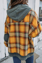 Load image into Gallery viewer, Orange Plaid Patch Hooded Frayed Snap Button Jacket
