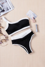 Load image into Gallery viewer, One Shoulder Patchwork High-waisted Bikini Set
