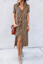 Load image into Gallery viewer, Khaki Leopard Turn-Down Collar Slit Midi Dress
