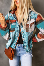 Load image into Gallery viewer, Multicolor Aztec Print Frayed Hem Denim Jacket
