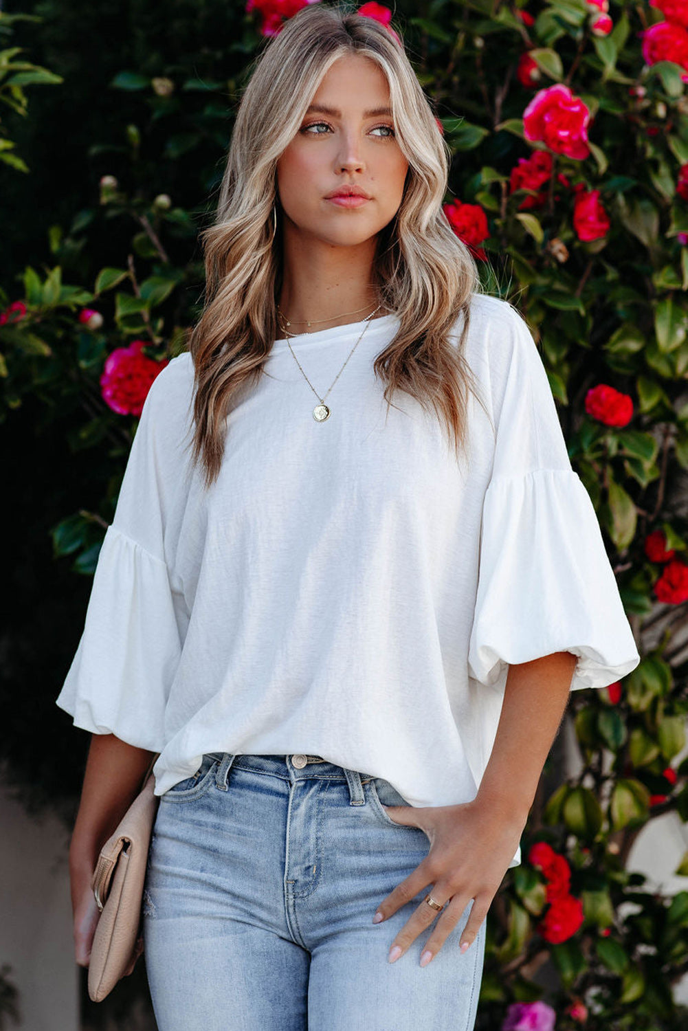 Joint Bubble Sleeve Round Neck Blouse