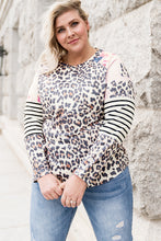 Load image into Gallery viewer, Plus Size Leopard Stripe Floral Patch Crew Neck Long Sleeve Top

