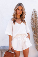 Load image into Gallery viewer, Relaxed V Neck Blouse and Drawstring Raw Hem Shorts Set
