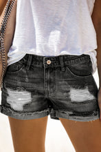 Load image into Gallery viewer, Distressed Ripped Rolled Hem Black Denim Shorts

