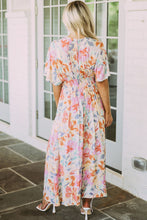 Load image into Gallery viewer, Multicolor Tropical Floral Print Ruched V Neck Maxi Dress
