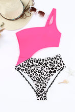Load image into Gallery viewer, Leopard Patchwork Asymmetric Cutout One Piece Swimsuit
